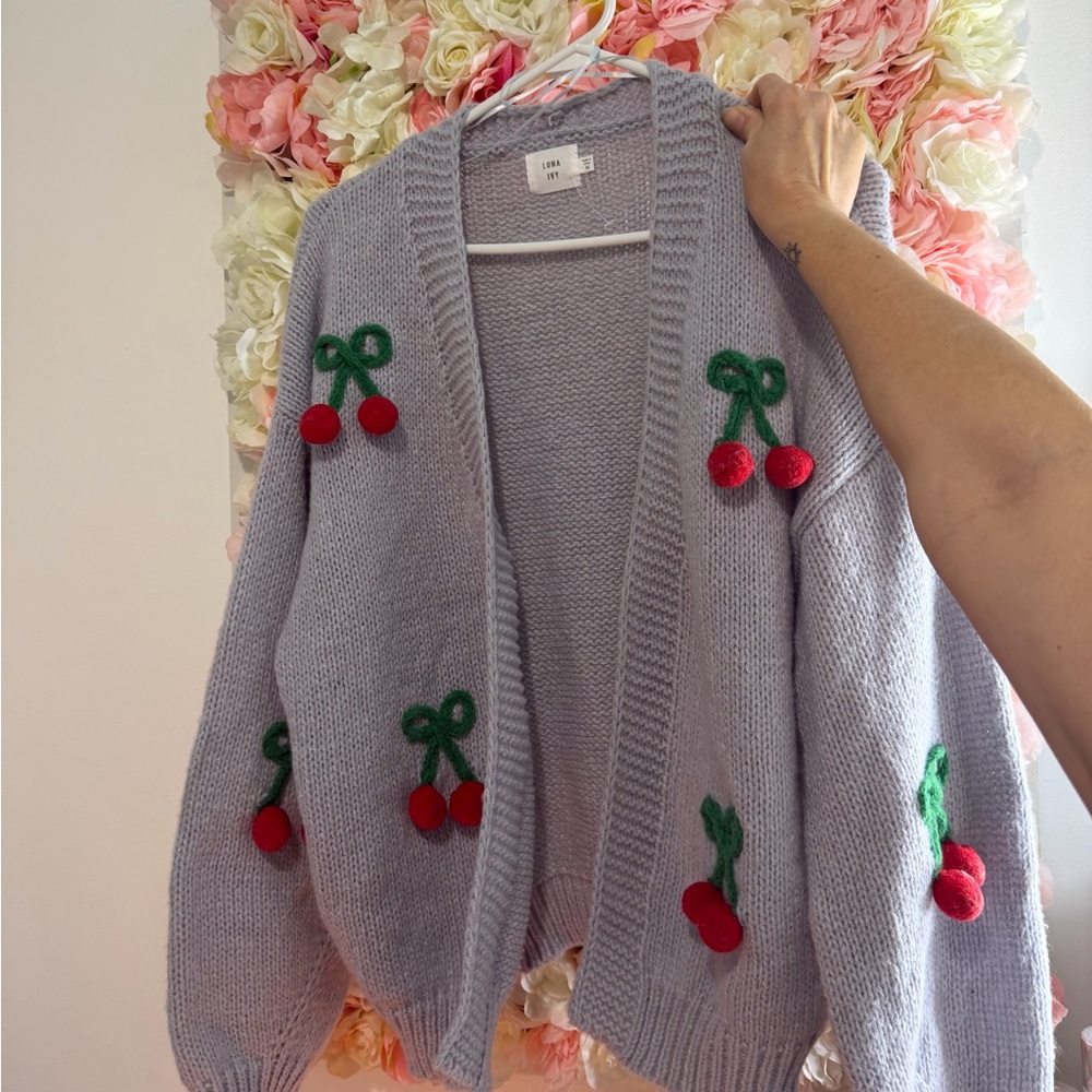 Luna Ivy Open-Front Cherry Appliqué Sweater Cardigan